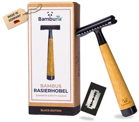 BAMBUNA Rasierhobel Herren & Damen inkl. 5 Klingen - Rasierhobel Set Schwarz - Sicherheitsrasierer mit geschlossenem Kamm - Rasierhobel mit Bambusgriff - Plastikfrei & Nachhaltig+eBook