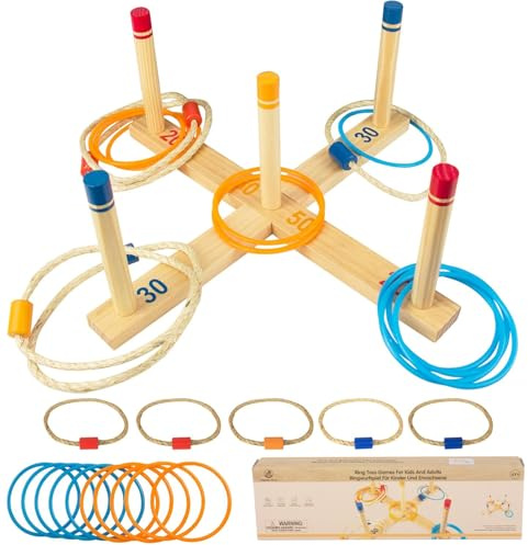 WoodenFun Ringwurfspiel Indoor Outdoor Kinder Erwachsene m. Aufbewahrungskarton Spiel
