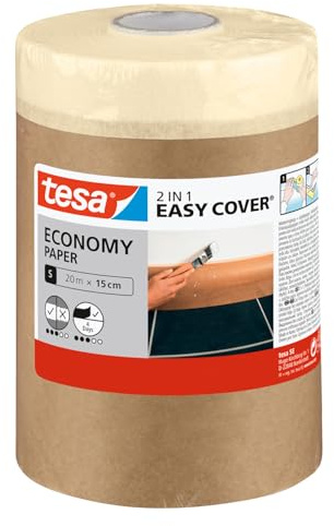 tesa Easy Cover UNIVERSAL Papier - 2in1 Malerabdeckpapier mit selbstklebendem Abdeckband für Malerarbeiten und Renovierungen - 20 m x 15 cm