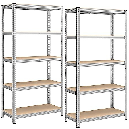 SONGMICS Schwerlastregal, 2er Set, Kellerregal, Lagerregal, 40 x 90 x 180 cm, Regal mit Stahlgestell, jeweils bis 875 kg belastbar, 5 verstellbare Ablagen, silbern GLR040E02