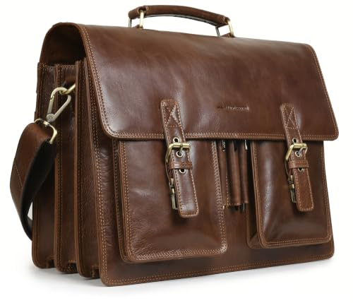 Marc Peter Amsterdam Aktentasche Leder XL Vintage Lehrertasche mit Laptopfach 15,6 Zoll große Ledertasche zum Umhängen Trolley aufsteckbar
