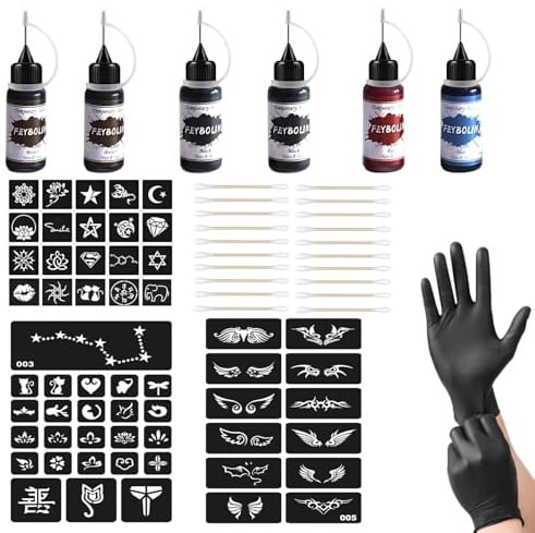 ElevaPulse Hennaa Set mit 6 Flaschen Tinte - Komplettset mit 56 Schablonen und Zubehör für temporäre Tattoos DIY Körperkunst