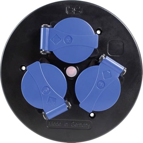 as - Schwabe 3-fach Steckdoseneinsatz für Kabeltrommel | mit Schutzdeckel blau, Schutzkontaktsteckdosen, Außen IP44, Thermoschutzschalter, 230 V 16 A