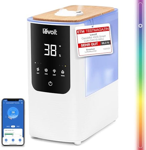 Levoit Smart Luftbefeuchter für große Räume, Top-Fill Humidifier, Warm&Kalter Nebel max 550 ml/h, bis 40㎡, leise Raumbefeuchter mit Nachtlicht für Pflanzen, Auto Shut-off, 4,5 L, Mondweiß