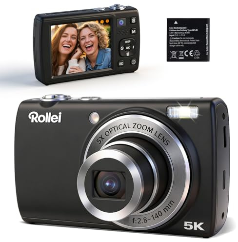 Rollei Powerflex Compact Digitalkamera 64MP 5K Fotokamera 5X Optischer Zoom | Fotoapparat mit 2,8“ Touch-Display Dual-Objektive Selfie Camera Tragbar Kompaktkamera Schwarz