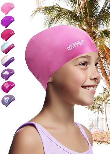 KIDVERSE Badekappe Kinder Lange Haare - Schwimmhaube Kinder mit Anti-Rutsch-Noppen - Badekappen für Schwimmer mit UV Schutz - Badehauben für Lange & voluminöse Haare