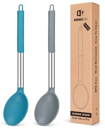 Große Silikon-Kochlöffel, antihaftbeschichtet, robust, hitzebeständig, Küchenutensilien zum Mixen und Servieren (grau-blau), 2 Stück