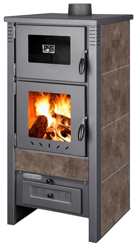 ProTermo Taurus Mokka Kaminofen mit Backfach und Thermometer – 12kW Heizleistung - Holzofen mit Schamottstein 52 x 50 x 107cm 2 Sichtfenster Werkstattofen - Bauart 1