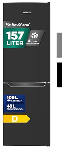 Heinrich´s Kühlgefrierkombination mit 157 L Gesamtvolumen, 109 L Kühlvolumen 48 L Gefriervolumen, LED Beleuchtung, Türanschlag wechselbar, verstellbare Füße, leise 39 dB, große Tiefkühlboxen, schwarz