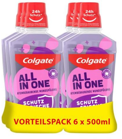 Colgate Mundspülung All In one 6x500 ml – für sofortige & anhaltende Frische und Kariesschutz – antibakterielle Mund- und Zahnreinigung ohne Alkohol** für optimalen Schutz