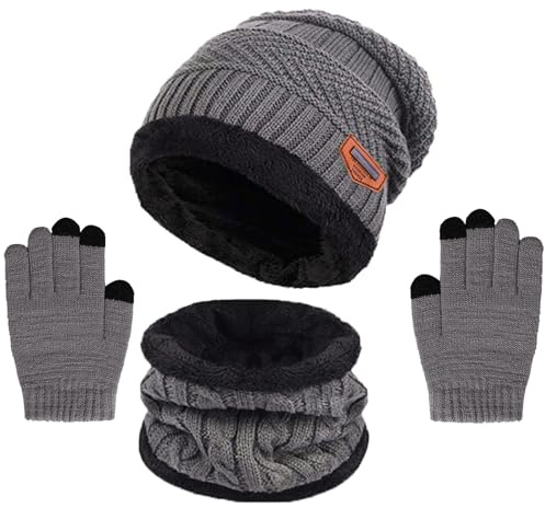 Wintermütze Kinder Schal Handschuhe 3PCs Fleece Gefüttert Beanie Strickmützen Warmem Mütze, Schal & Touchscree Handschuhe-Sets Verdicken Fleece Thermisch für Jungen Mädchen