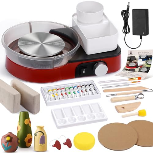 Töpferscheibe für Erwachsene – Komplettes Töpferwerkzeug-Set für Anfänger, 15,2 cm Drehteller, Zwei-Wege-Rotation, einstellbare Geschwindigkeit, 1 kg. Lufttrocknender Ton, Mini-Töpferscheibe mit