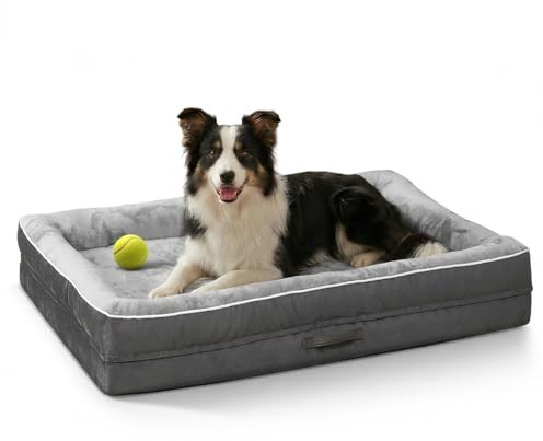 Upvilla Orthopädisches Hundebett Grosse Hunde, Hundekorb Waschbar mit Eierförmiger Kistenschaum，Wasserdicht Hundesofa mit rutschfeste Unterseite und Vierseitiges Kissen (Gray, 91x61x18cm)