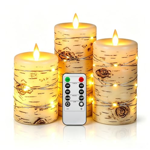 Da by LED-Kerze, Birkeneffekt, eingebettete Lichterkette, 8 cm x (12.5 cm, 15 cm, 16.5 cm), Elfenbein, echtes Wachs, Stumpenkerze mit tanzender LED-Flamme, Fernbedienung mit 11 Tasten