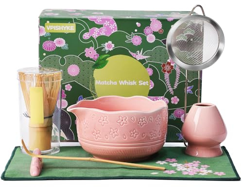 VPISHYKE Matcha Set, Matcha Tee Set 7 Stück mit Matcha Besen Schale, Sieb & Zubehör, Perfekt Geschenk Premium Matcha Set für Traditionelle Japanische Liebhaber (Rosa)