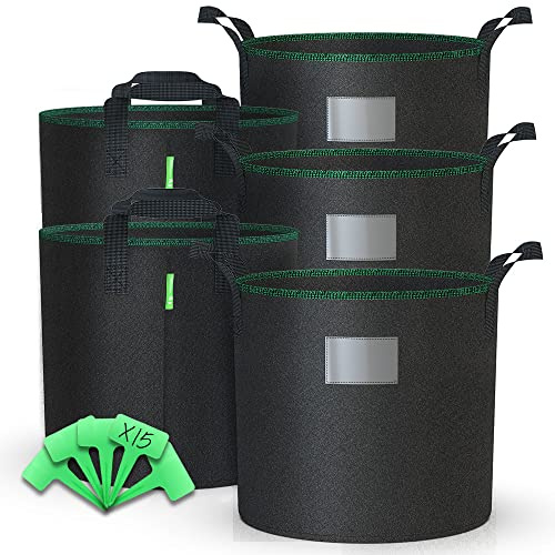 VOUNOT 5 Stück Pflanzsack 20L aus Vliesstoff, Pflanztasche mit Pflanzenschilder zum Beschriften, Pflanzbeutel für Gemüse und Pflanzen Schwarz