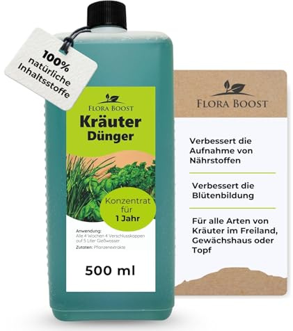 Konfitee Kräuter Dünger Flora Boost 500ml I Für bis zu 100L Gießwasser I Für alle Kräuter Pflanzen geeignet I Flüssiger Blatt- & Wurzeldünger I 100% natürlicher Pflanzendünger