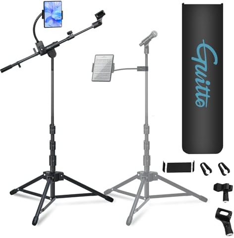 GUITTO Mikrofonständer mit Doppel-Halter für Smartphone/Tablet Verstellbarer Boomarm, schwerer Bodenständer für Streaming, Podcasts, Aufnahmen und Live-Auftritte (GMS-04)