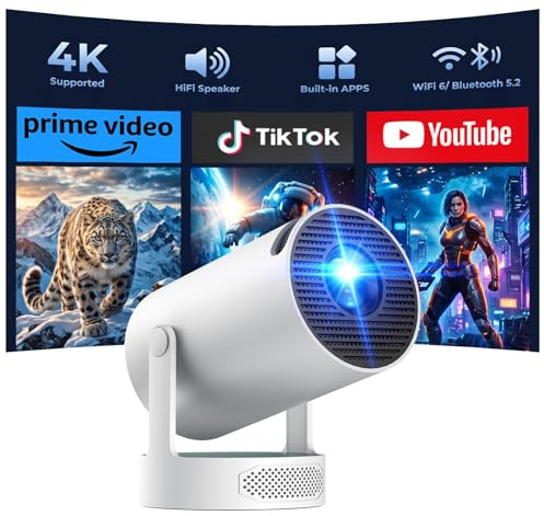 Kurzdistanz Beamer mit Lautsprecher, 4K Unterstützt, Smart Projektor Android 11.0 mit WiFi 6 Bluetooth 5.0, Auto Trapezkorrektur & 220° Drehständer für Heimkino Schlafzimmer Kleine Räume Wohnmobil