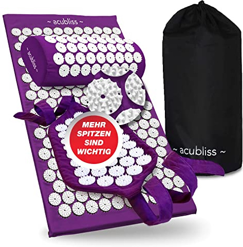 Acubliss Akupressurmatte und -kissen – Akupressur Set mit Gurt – Gegen Nacken- und Rückenschmerzen – Akupressurmatte mit Kissen und Gurt für Mehr Energie und Entspannung – Mit Beutel – Violett