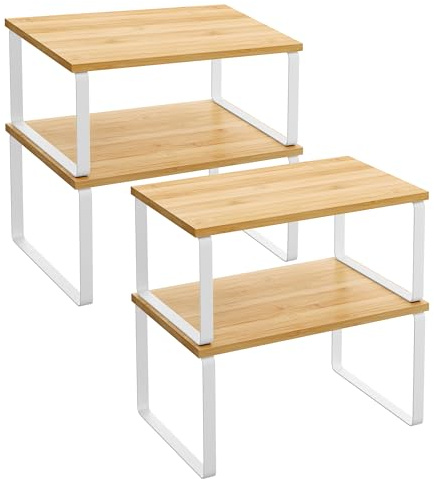 SONGMICS Gewürzregal, 4er Set, Küchenregal, Küchen-Organizer, erweiterbar, Gewürzhalter, stapelbar, mit Metallrahmen, 19,5 x 29,7 x 15,8 cm, wolkenweiß-naturbeige KCS010N01