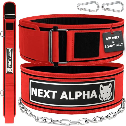 Next Alpha Gewichthebergürtel & Dip Gürtel-Kombination - Custom Weight Lifting Belt für Herren und Damen - Selbstverschluss- & Schnellverschlussschnalle - Mit Kette - Rot - Medium