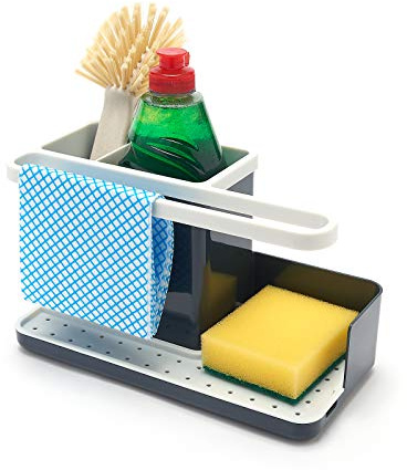 simplywire – Spülbecken-Caddy – Spülbecken-Organizer – Abnehmbare Auffangschale – Rutschfest – Dunkelgrau & Weiß