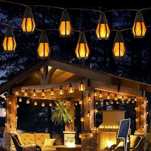 Geemoo Solar Lichterkette Aussen mit Flammen, 6.3M 10 Bulbs Lichterkette Außen Solar mit Realistischer Flammeneffekt, IP65 Wasserdicht Hängend Solarlampen für Outdoor Garten Party Balkon Bistro Cafe