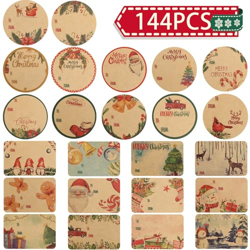 144 Count Weihnachten Namensaufkleber-Selbstklebend Geschenk Etiketten Xmas, Kraft Geschenke Etiketten fur Weihnachts, Vintage Weihnachten Santa Tags Aufkleber 24 Designs