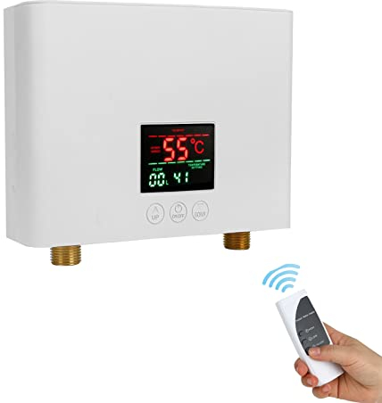 Tankless Durchlauferhitzer Elektrisch, 3KW 220V, Sofortige Warmwasserbereiter Elektrischer Klein Tankless Durchlauferhitzer Küche Bad Wandhängend, 30-55℃, Digitalanzeige, Steckerfertig (Weiß)