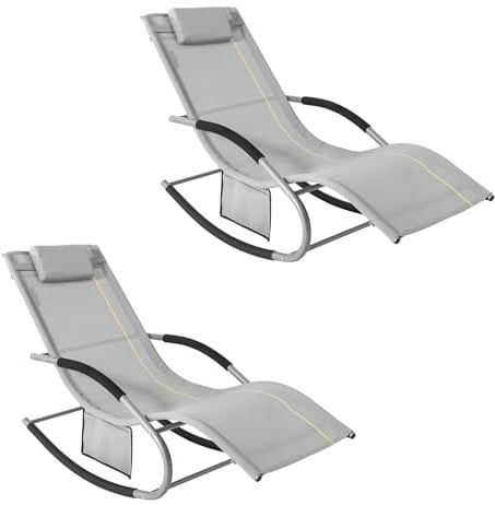 SoBuy 2er-Set Gartenliegen mit Kopfkissen 150x87x63cm Belastbar bis 150kg | 2er-Set Sonnenliegen mit Seitentasche, Stabilem Metallgestell, Outdoor Liegestuhl Atmungsaktivem Bezug, Grau, OGS28-HGx2