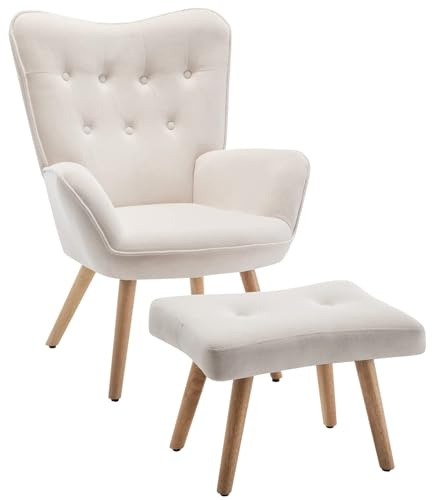 HollyHOME Ohrensessel mit Hocker Sessel mit Hocker Sessel Wohnzimmer & Schlafzimmer Samt Relaxsessel Lesesessel Lounge Sessels Armlehnensessel, Beige