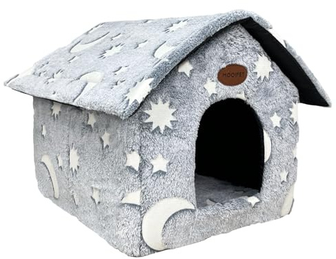 Mooipet Plüsch Katzenhaus mit Waschbarem Kissen Tragbare Katzenhütte mit Rutschfestem Boden Weiches und Warmes Katzenbett für Drinnen 45x40x45cm