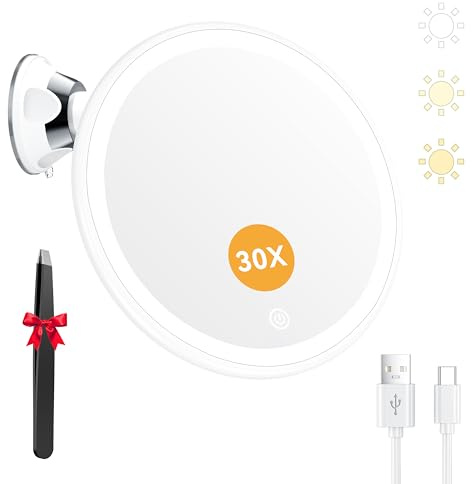 Auxmir Kosmetikspiegel mit 30X Vergrößerung, 2000mAh LED Schminkspiegel mit Beleuchtung, 3 Lichtfarben und Starker Saugnapf, 8 Zoll Vergrößerungsspiegel mit Licht, Dimmbar Rasierspiegel für Reise Bad
