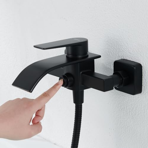 Kelleria Badewannenarmatur Schwarz Wasserfall, Mischbatterie Badewanne | Messing Armatur Badewanne Bad Wandmontage mit Druckschalter, Einhebelmischer Wanne Aufputz für 2 Verbraucher, Inkl Zubehö