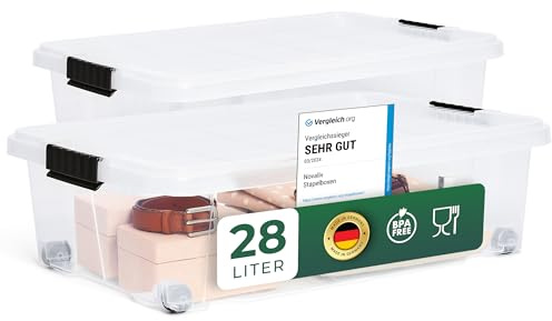 Novaliv 2x Unterbettkommode mit Rollen 28L Aufbewahrungsbox Deckel transparente Nestbar stapelbare mit Clipverschluss Rollkiste BPA-frei 61x40x17 cm
