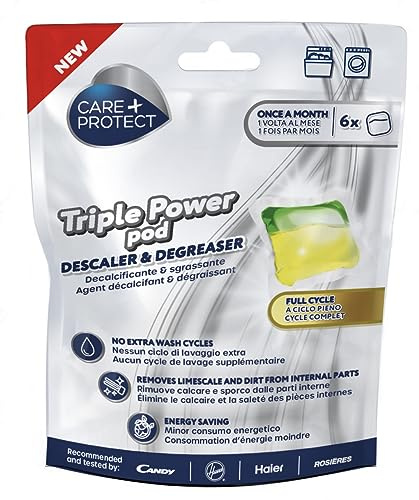 CARE + PROTECT Triple Power Pod Entkalker & Entfetter für Waschmaschinen-Geschirrspüler, Hygienisch, Reiniger, Energiesparlösung, 1 Packung mit 6 Pods, 6 Monate Schutz