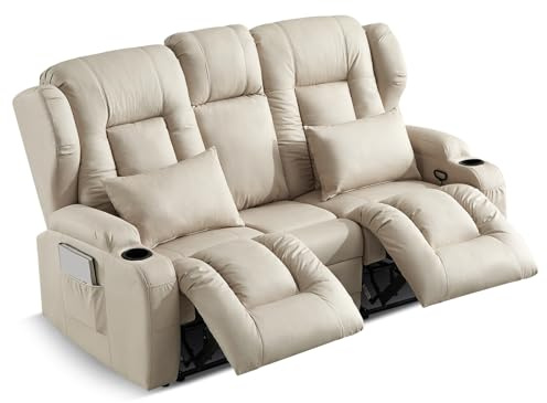 SAMERY Relaxsessel mit Liegefunktion Fernsehsessel Manuell Verstellbar, Zweisitzer Sofa Kinosessel 2 Sitzer Sofa TV Sessel Heimkino mit Getränkehalter/Schublade/Buchse, Stoffbezug