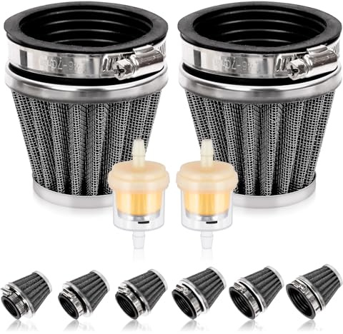 Swpeet 2Pcs 60mm Motorrad Luftfilter mit 2Pcs Kraftstofffilter Ersatz Sortiment Kit, Universal Kegel Ansaugatmer Reiniger Ersatz für 50cc 110cc 125cc 150cc 200cc Atv Dirt Bike, Roller (schwarz)