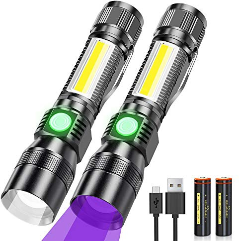 Karrong LED Taschenlampe USB Aufladbar Magnet Schwarzlicht, 395nm UV Lampe Ultraviolette Licht 7 Modi Rotlicht mit Akku für Outdoor Camping Wandern 2 Stück
