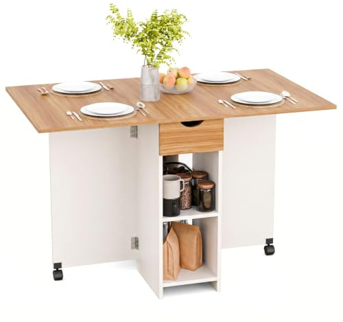 Mondeer 120cm Esstisch Klappbar,Küchentisch mit Rollen für 2-4 Personen | Platzsparender Klappbarer Klapptisch mit Schublade und Ablagen für kleine Räume,Esszimmer,Küche,Weiß und Roteiche
