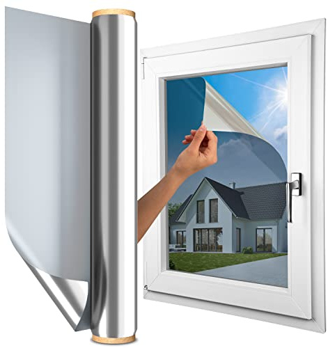 MARAPON Spiegelfolie Fenster Sichtschutz Silber 0,90x4 m Fensterfolie Blickdicht von aussen tagsüber Sonnenschutzfolie Fenster innen UV Schutz statisch haftend Hitzeschutz Wärmeschutz Innenanbringung