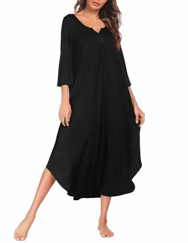 Ekouaer Nachthemd Damen Langarm Baumwolle Schlafshirt Print Sleepshirt Frauen Nachtwäsche Nachtkleid Schwarz XL