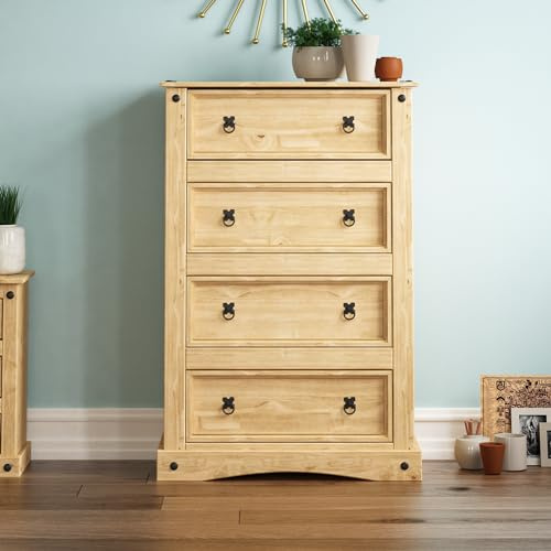 Vida Designs Corona Kommode mit 4 Schubladen, Solides Wohnzimmer Kleiderschrank Ablagefläche Freistehend Ringgriffe Natürlich Pinie