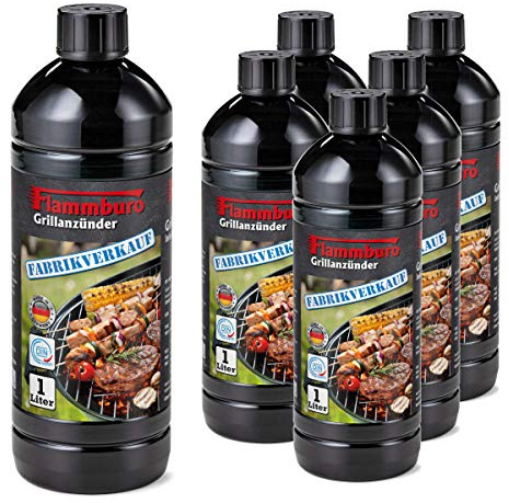 FLAMMBURO | Grillanzünder flüssig 6 x 1 L | DIN EN 1860-3 Zertifiziert | Made in Germany mit Kindersicherheitsverschluss | Für Holzkohle und Briketts