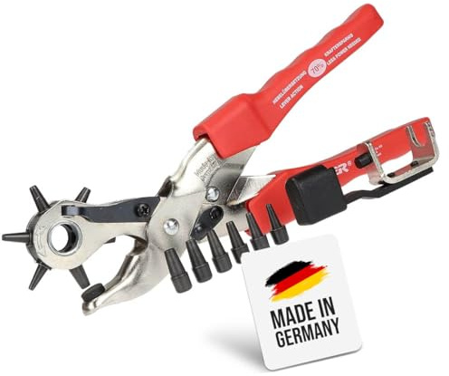Profi Lochzange für Leder - bis zu 70% Kraftersparnis - Revolverlochzange mit Hebelunterstützung + Lochpfeifen Erweiterungsset + Lochpfeifen Wechselwerkzeug - Lochzange Gürtel - Made in Germany