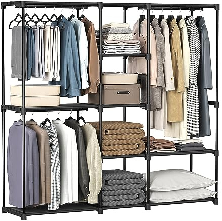SONGMICS Kleiderschrank, Kleiderständer, freistehende Garderobe, mit Kleiderstangen, Garderobenständer, Stoffablagen, Metallrahmen, 182 x 43 x 182 cm, tintenschwarz RYG037B02