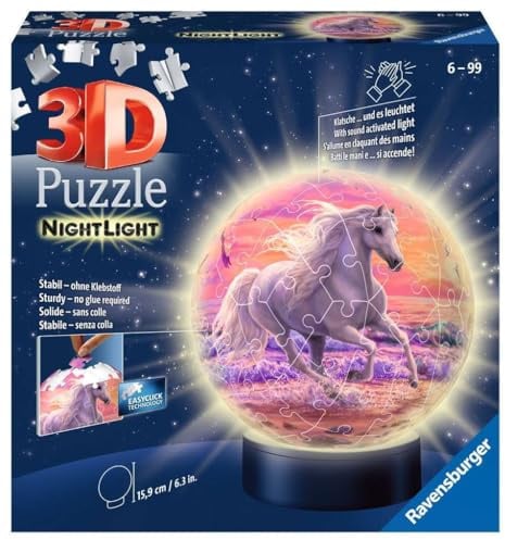 Ravensburger 3D Puzzle 11843 - Nachtlicht Puzzle-Ball Pferde am Strand - ab 6 Jahren, LED Nachttischlampe mit Klatsch-Schalter