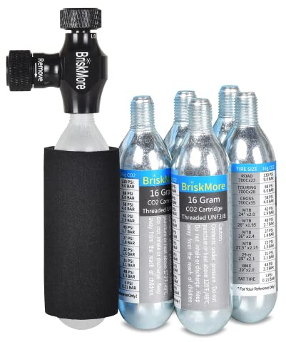 BriskMore CO2 Inflator Kit mit 5 x 16g CO2 Kartuschen für Fahrradreifen, Presta und Schrader Ventil kompatibel, Fahrradreifenpumpe für Mountain- und Straßenfahrräder, inklusive Isoliermanschette
