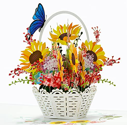 CUTPOPUP Sunflower - Sonnenblumen Korb Pop Up Karte, 3D Geburtstagskarte für Frauen, Oma, Mutter, Ehefrau, Muttertag, Pop Up Blumen-Grußkarten, Jahrestag, Denken, Dankeskarte IT